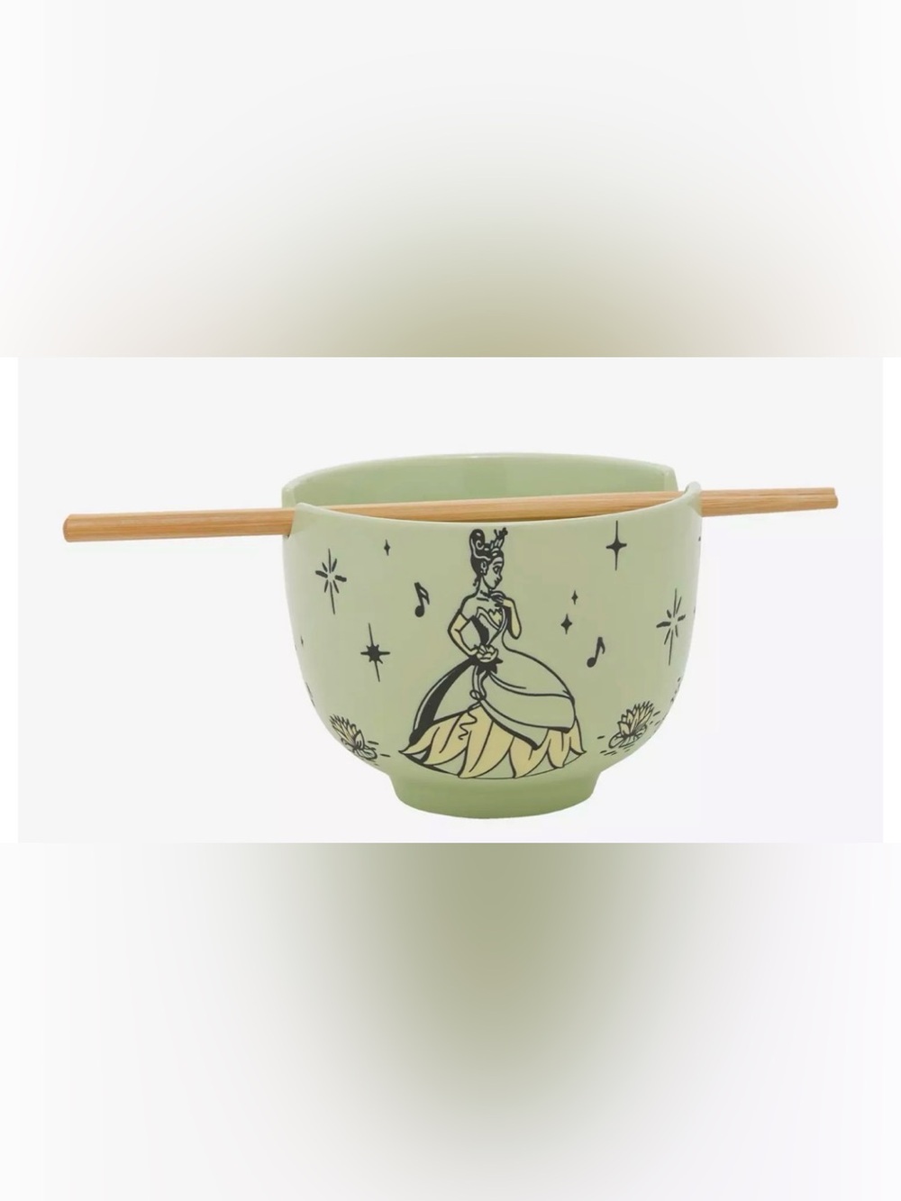 Disney Light Green Princess Tiana Ceramic Noodle Bowl w/ Wooden Chopsticks- New